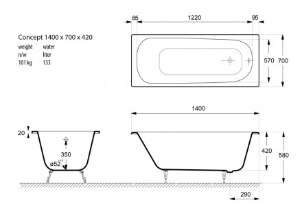 Ванна чугунная Vinsent Veron Concept 1400x700x420 с отверстиями для ручек